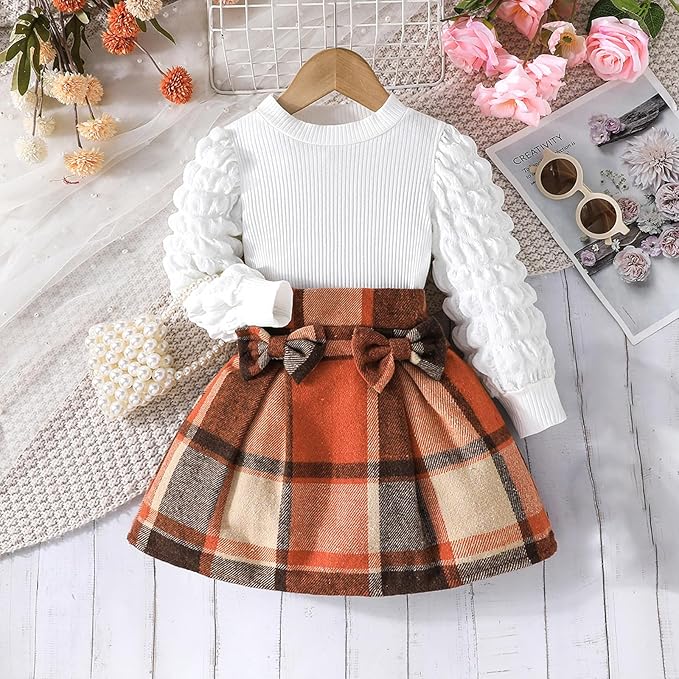 Fernvia Toddler Baby Girl Fall Winter Skirt Set Turtleneck Ribbed Long Sleeve T-Shirt Top & Plaid Skirts Dress 2Pcs Outfits