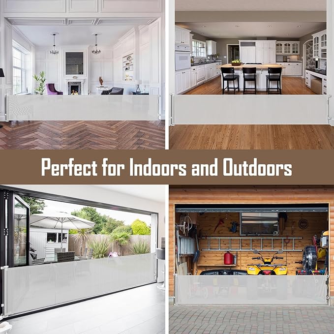 178 Inch Extra Long Baby Gate Retractable Dog Gate Outdoor Gates for Decks Indoor Retractable Baby Gates Wide Dog Gate for Super Wide Openings Retractable Gates for Dogs, Garage Gate, Light Gray