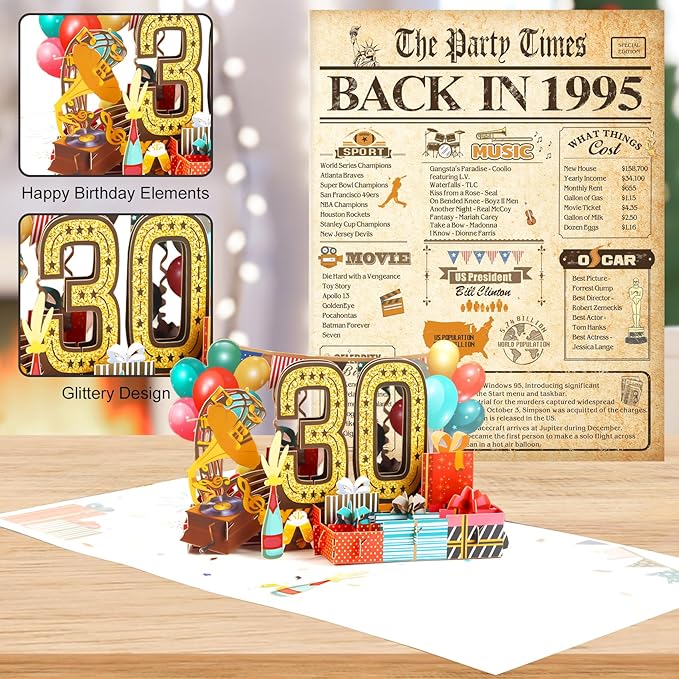 30th Birthday Card for Men Women, 3D Pop Up 30th Birthday Gifts Cards for Him Her, Back In 1995 Funny 30 Year Old Birthday Decorations, Classy Vintage