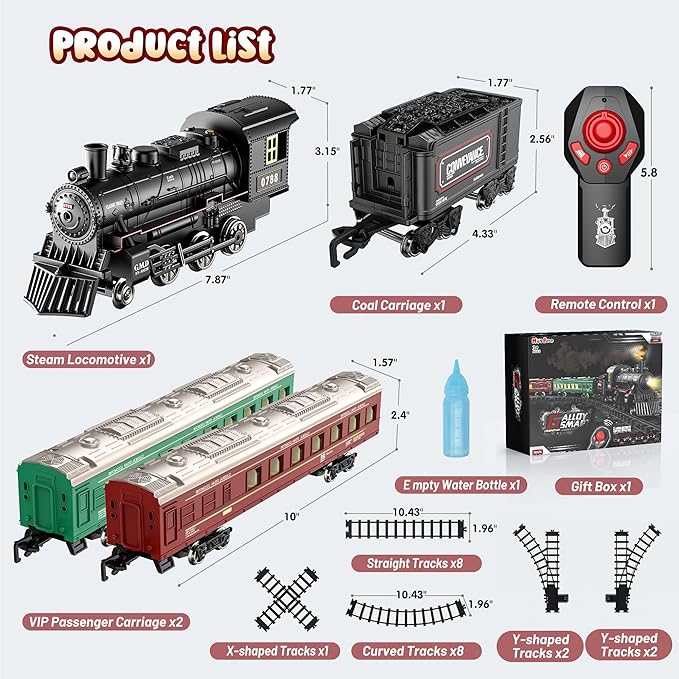 Hot Bee Train Set, Remote Control Train Toys with Luxury Track & Glowing Passenger Carriages, Metal Christmas Tree Train with Smoke, Light and Sound, Toy Train Set for 3 4 5 6 7+ Years Old Boys Gifts