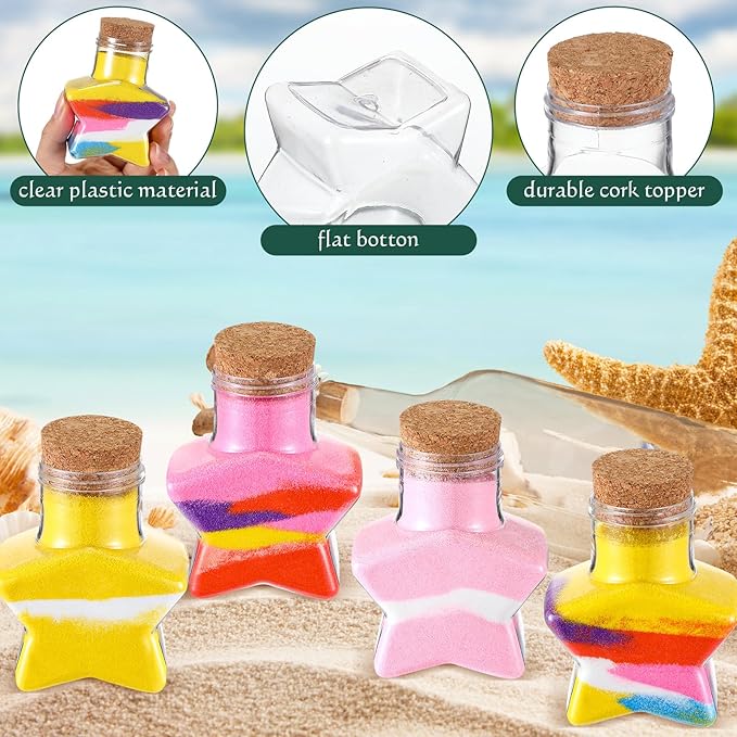65 Pcs Plastic Sand Art Bottles with Corks Include 20pcs 3.4oz Sand Art Bottles, 40 Colored Art Sand, 5 Plastic Funnels Plastic Clear Containers for Sand Art Fun Arts Crafts Supplies (Star)