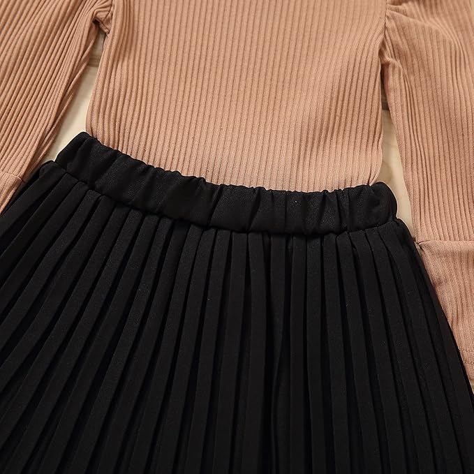 Fernvia Toddler Baby Girl Fall Winter Skirt Set Turtleneck Ribbed Long Sleeve T-Shirt Top & Plaid Skirts Dress 2Pcs Outfits