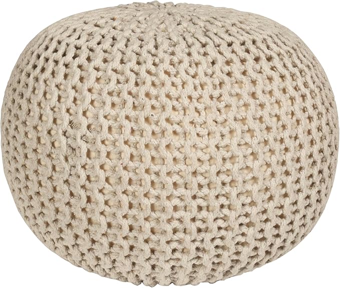 Round Pouf Ottoman Hand Knitted 100% Cotton Pouf Foot Stool - Knitted Bean Bag - Floor Chair for Bedroom - Foot Rest for Couch (20" Dia x 14" HT) (Off White)