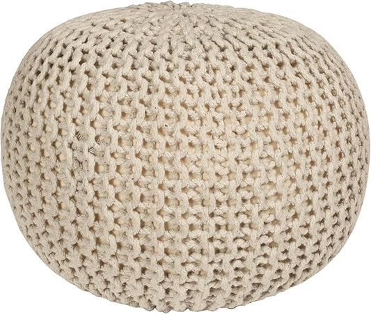 Round Pouf Ottoman Hand Knitted 100% Cotton Pouf Foot Stool - Knitted Bean Bag - Floor Chair for Bedroom - Foot Rest for Couch (20" Dia x 14" HT) (Off White)