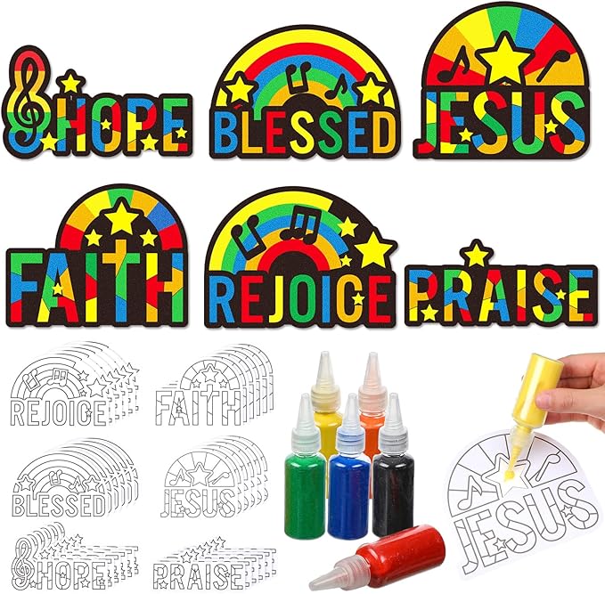 24 Sets Religious Sand Art Craft Kit for Kids Inspirational Words Painting Kit with Colored Sand Make Your Own Crafts Art DIY Art Project for Sunday School Vbs Home Fun Activities