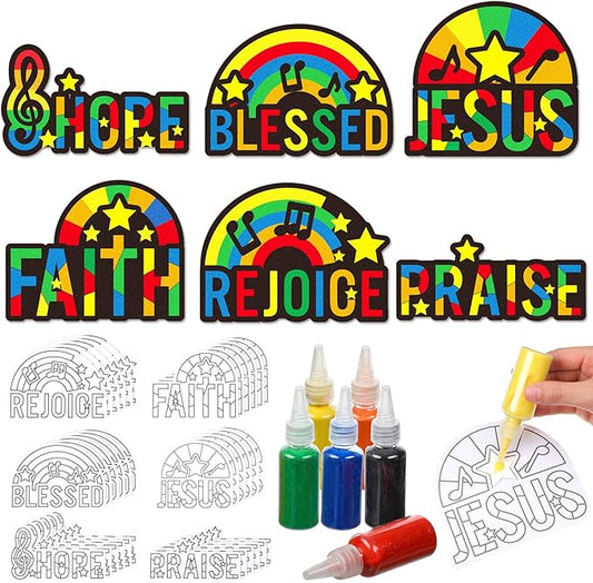 24 Sets Religious Sand Art Craft Kit for Kids Inspirational Words Painting Kit with Colored Sand Make Your Own Crafts Art DIY Art Project for Sunday School Vbs Home Fun Activities