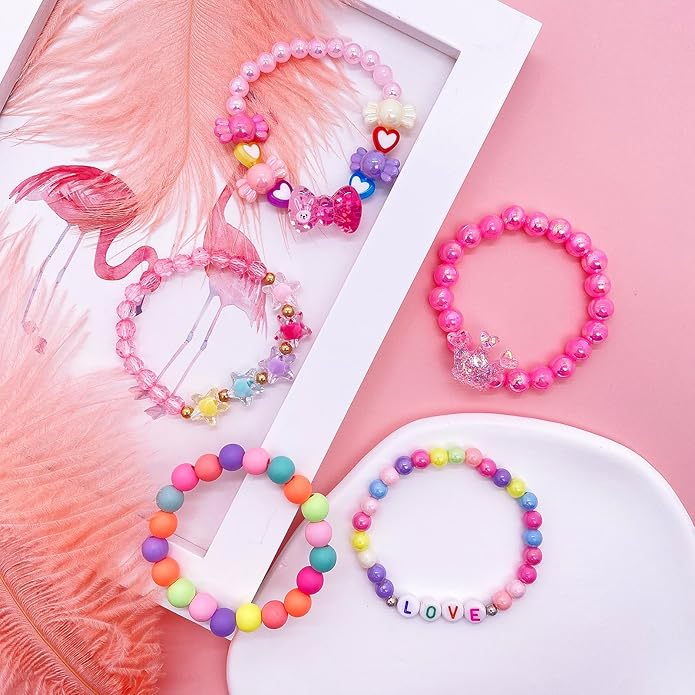 9 PCS Cute Kids Bracelets for Girls Pink LOVE Beaded Bracelets Little Girls Costume Jewelry Princess Party Favors Pretend Play Birthday Easter Christmas Valentines Toddler Jewelry