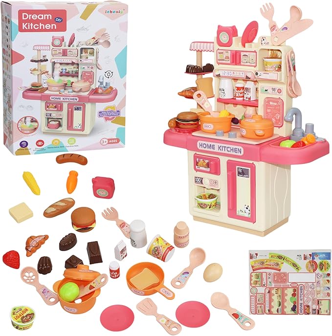 Kids Kitchen Playset, Mini Interactive Kids Kitchen Toys with 50Pcs Kitchen Accessories, Realistic Lights&Sounds, Simulation of Spray and Play Sink, Suitable for Toddlers Age 3+ Boys and Girls (Pink)