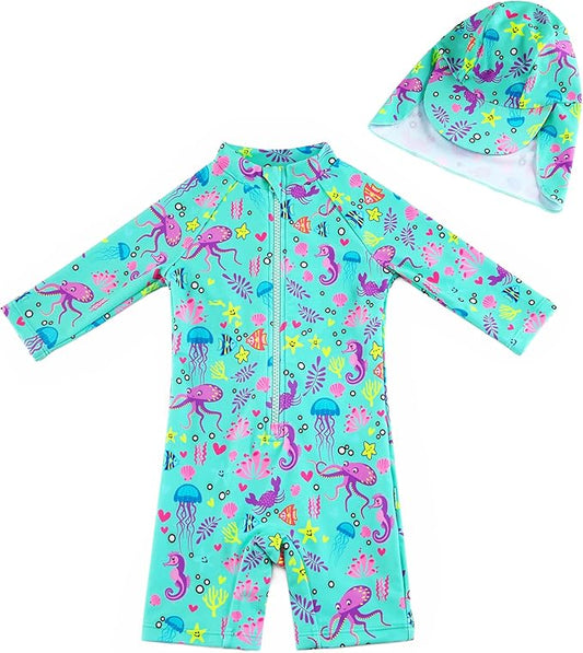 upandfast Baby/Toddler Swimsuit UPF 50+ Sun Protection One Piece Zipper Bathing Suit with Sun Hat Infant Beach Swimwear