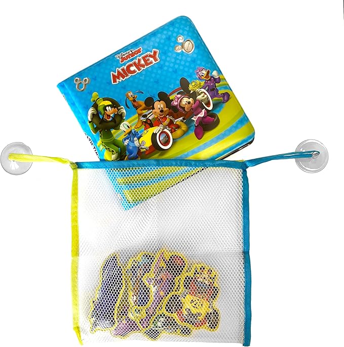 Disney Mickey Bath Time Books - Activity Books for kids, Bath book, 6 Padded suction cups, 1 Mesh bag