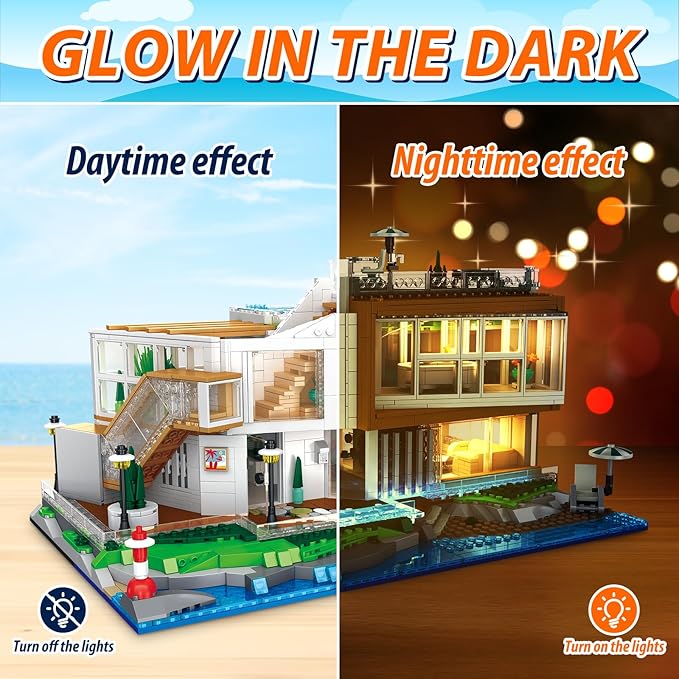 2228Pcs Seaside Villa Building Blocks Set for Kids Ages 8-12 - Street View House Collectible Model Kits - Building Toys with Lighted Glow for Creative Minds