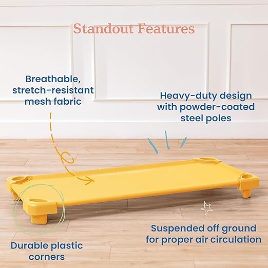 ECR4Kids Stackable Kiddie Cot, Ready-to-Assemble, Standard Size, Classroom Furniture, Yellow, 6-Pack