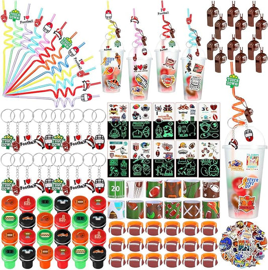 Aoriher 238 Pcs Football Sport Party Favors Set Football Birthday Gift Football Cup Fillers with Straw Football Whistle Stamper Slap Bracelet Keychain Ring Tattoo Sticker for Sport Party Supplies