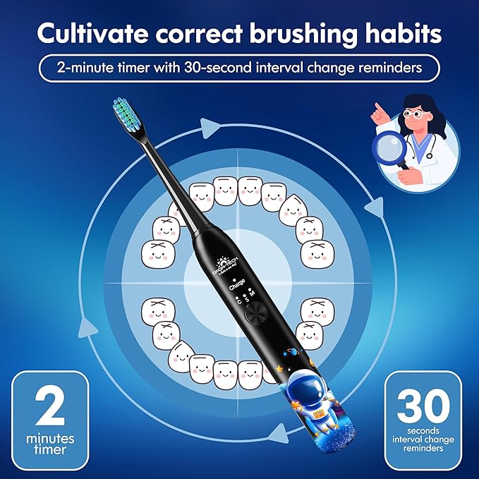 Kids Electric Toothbrush Rechargeable Age 3-5-6-12-18 Year Old, Sonic Toothbrush Kids with Timer 3 Modes 4 Vibrating Heads Habit Stickers Tooth Brush for Girls Boys and Childrens (Astronaut Black)