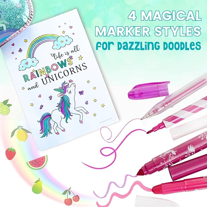 Amitié Lane Silly Scented Markers For Kids. Arts & Crafts Unicorn Gifts for Girls 6-8. Fun Kids Toys For Girls that includes Unicorn Markers, Crayons, Stickers and Carrying Case.