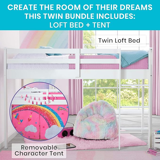Delta Children Twin Loft Bed with Guardrail and Ladder + Tent (Bundle), White/JoJo Siwa