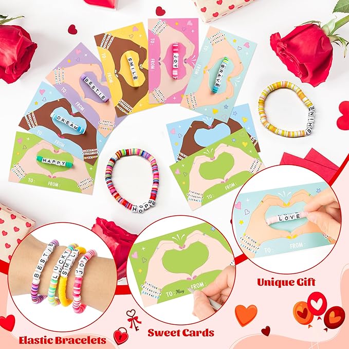 24 Pack Valentine’s Day Friendship Bracelets Card Gifts Set, Friendship Clay Beads Bracelet with Valentines Card Kids School Classroom Prizes Exchange Gift Valentines Party Favors Supplies