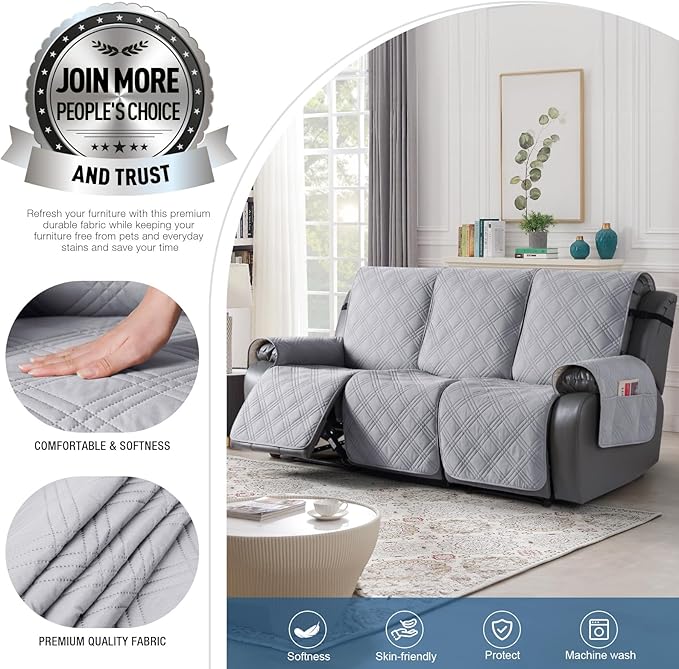TAOCOCO 100% Waterproof Recliner Couch Cover, Non Slip Split Couch Covers for Reclining Couches with Elastic Straps, Washable Reclining Couch Covers Furniture Protector for Pets(3 Seater, Light Grey)