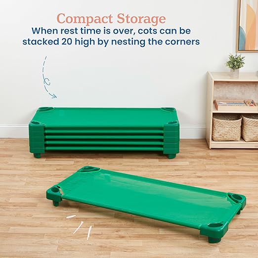 ECR4Kids Stackable Kiddie Cot, Ready-to-Assemble, Standard Size, Classroom Furniture, Green, 6-Pack
