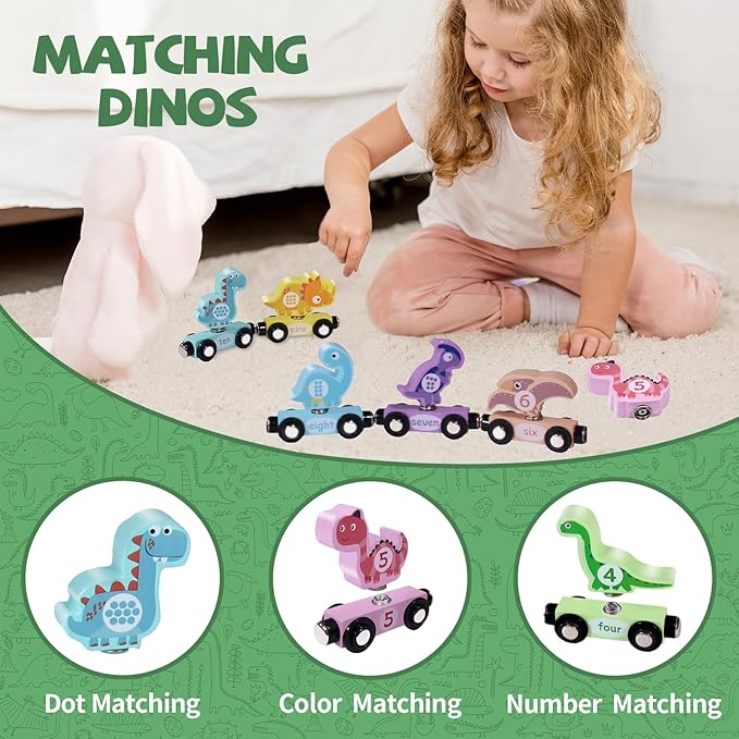 Wooden Train Set Dinosaur Toys for Kids 3-5, Magnetic Dinosaur Train Number Matching Color Sorting Sensory Toys for Toddlers, Montessori Toys for 3 4 5 Year Old Baby Girls Boys Birthday Gifts