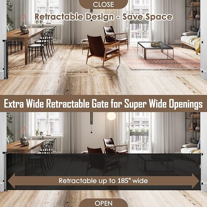 185 Inch Extra Long Baby Gates for Large Openings, Retractable Baby Gates Extra Wide Retractable Dog Gate Outdoor Retractable Gate Indoor Extra Large Baby Gate, Mesh Gates for Kids Or Pets, Black