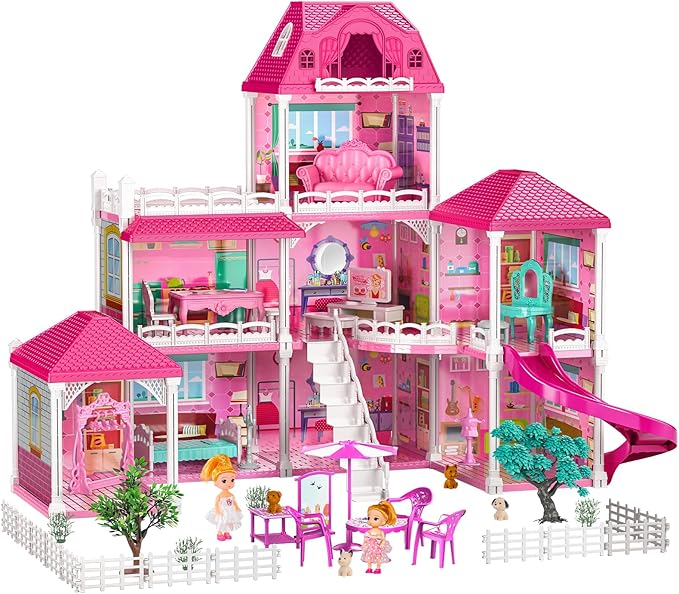 TEMI Villa Toys for 3 4 5 6 7 8 Years Old Girls - 3 Storeys 8 Rooms, Indoor Playset with 2 Dolls Toy Figures, Toys Furniture and Accessories, Pretend Girls Plays, Building Toys, Gifts Toy