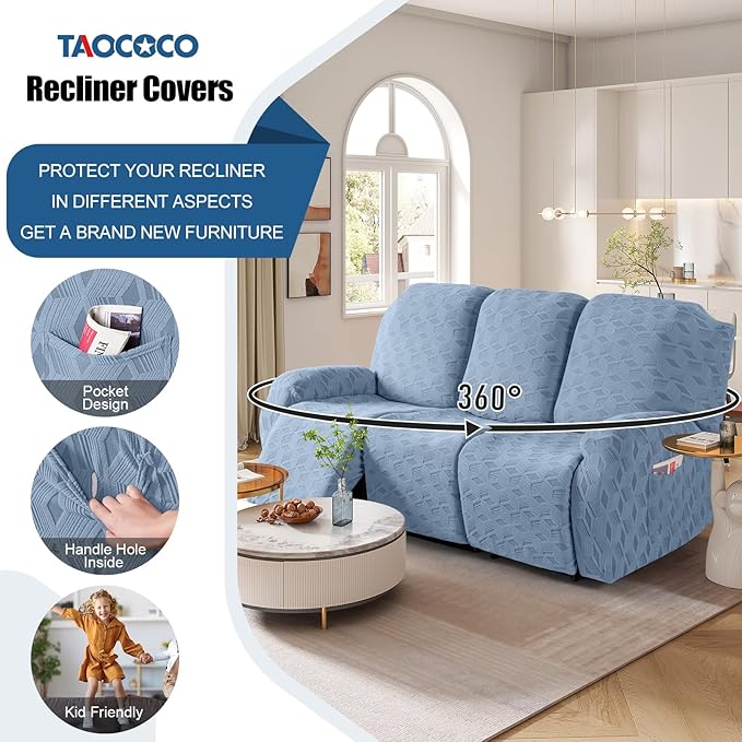TAOCOCO Recliner Sofa Covers Stretch Reclining Couch Cover, Jacquard Recliner Couch Cover for 3 Seat Furniture Protector Sofa Slipcovers with Elastic Bottom for Kids, Pets (Light Blue)
