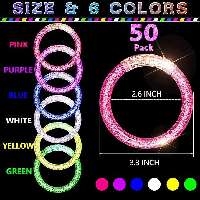 50Pcs Glow Bracelets,LED Bracelets Light up Bracelets,Glow In The Dark Bracelets 6 Colors,LED Party Supplies for Kids Adults,LED Glow Stick Bracelet for Party Birthday Concerts Night Events