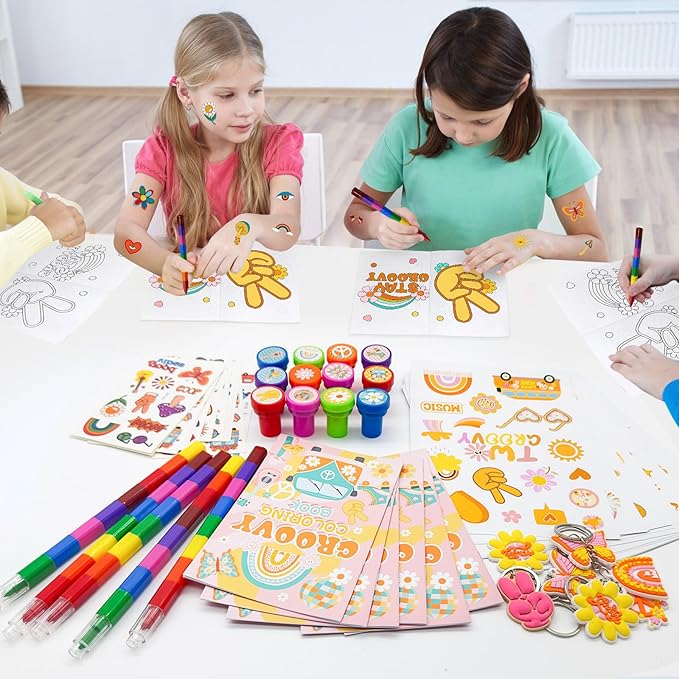 72 Pcs Groovy Coloring Book with Crayons Bulk,Retro Hippie Daisy Flower Party Favors Goodie Bags Fillers,Rainbow Boho Birthday Party Supplies Face Stickers Tattoo Prizes Gift for Groovy Party