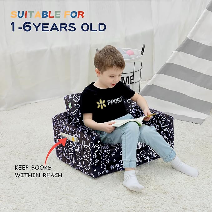 MallBest Kids Sofas Children's Sofa Bed Baby's Upholstered Couch Sleepover Chair Flipout Open Recliner (Black/Rocket)