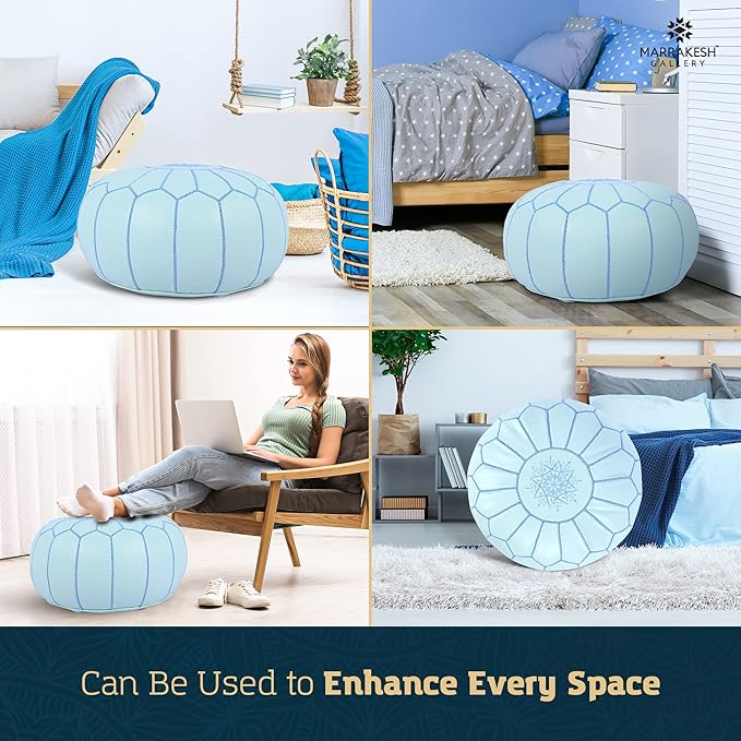 Marrakesh Gallery Genuine Leather Round Pouf Unstuffed - Moroccan Ottoman Footstool, Footrest Cover - Boho Decor - Bohemian Living Room, Bedroom, Kids Room, Gift & Wedding