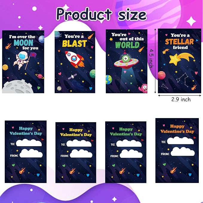 ANGOLIO 28Pcs Outer Space Theme Slap Bracelets with 28Pcs Valentine's Day Greeting Cards, Astronauts Planets Solar System Party Decoration Supplies Valentine Classroom Exchange Gift for Kids
