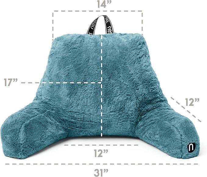 Nestl Fur Reading Pillow, Stylish Back Pillow for Bed Sitting Up, Faux Fur Bed Chair Pillow with Arms, Reading Pillows for Sitting in Bed Adult & Kids, Back Support Pillow for Bed Rest - Stone Blue