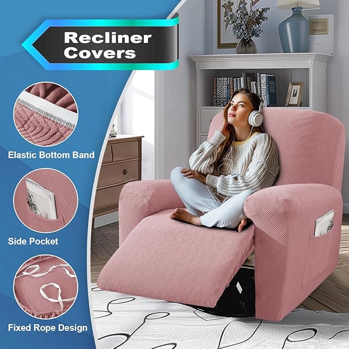 JIVINER 3 Piece Oversized Recliner Covers for Large Recliner with Pockets Stretch Jacquard Lazy Boy Reclining Couch Cover Soft Furniture Couch Protector with Elastic Bottom (1 Seater-XL, Dusty Pink)