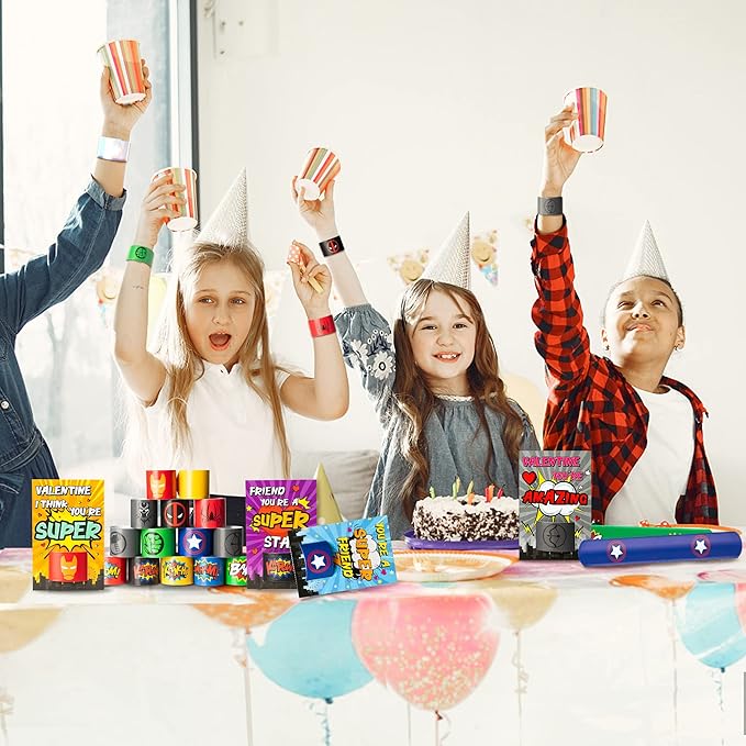 28 Packs Valentines Day Gift for Kids, Valentine’s Day Super Power Slap Bracelets with Cards Toddler School Classroom Prize Exchange Gifts Party Favor Toy Set Superhero Decorations