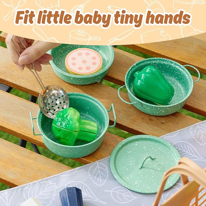 Kids Play Kitchen Toy Accessories Set Toddler Cooking Playset Colorful Stainless Steel Pots and Pans Birthday Gifts for 3+ Girls Boys (New Green)