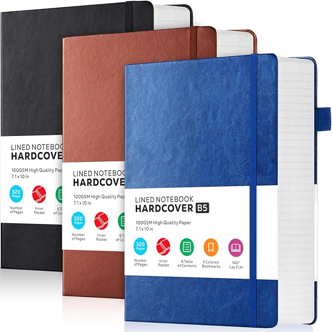 3 Pack Leather Notebooks Journals, Bulk Lined Notebook Journals Set for Women Men Writing, 320 Pages Hardcover B5 College Ruled Notebook Journal Notepad for School Office, Black Blue Brown