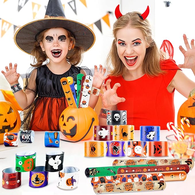 48Pcs Halloween Party Favors Slap Bracelets Trick or Treat Favors for Kids and Classes Treats for Children Halloween Bracelets Halloween Goodie Bag Fillers Halloween Toys for Kids