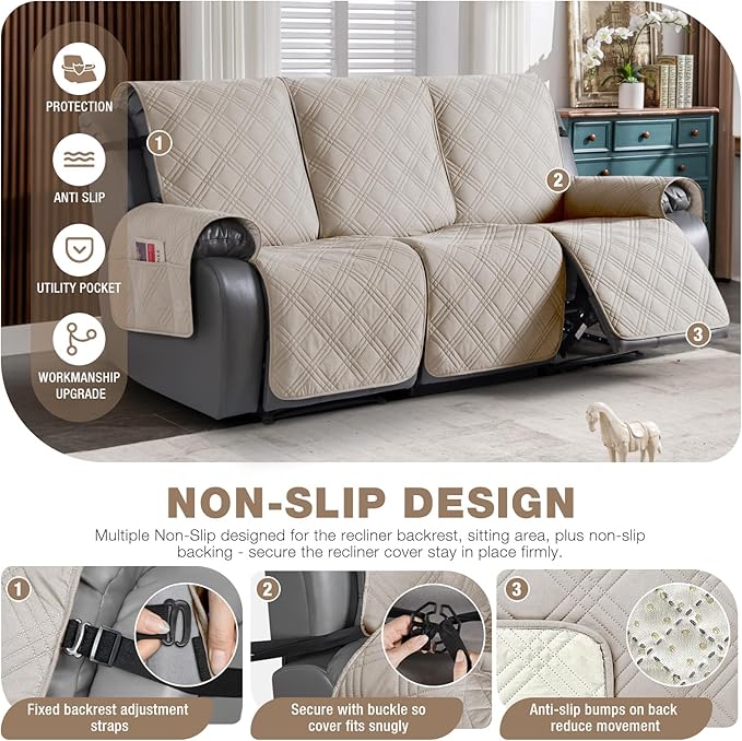 TAOCOCO 100% Waterproof Recliner Sofa Covers 3 Seater, Split Couch Covers for Reclining Couches for Kids Pets, Non Slip Reclining Couch Covers Furniture Protector with Straps(3 Seater, Cream)