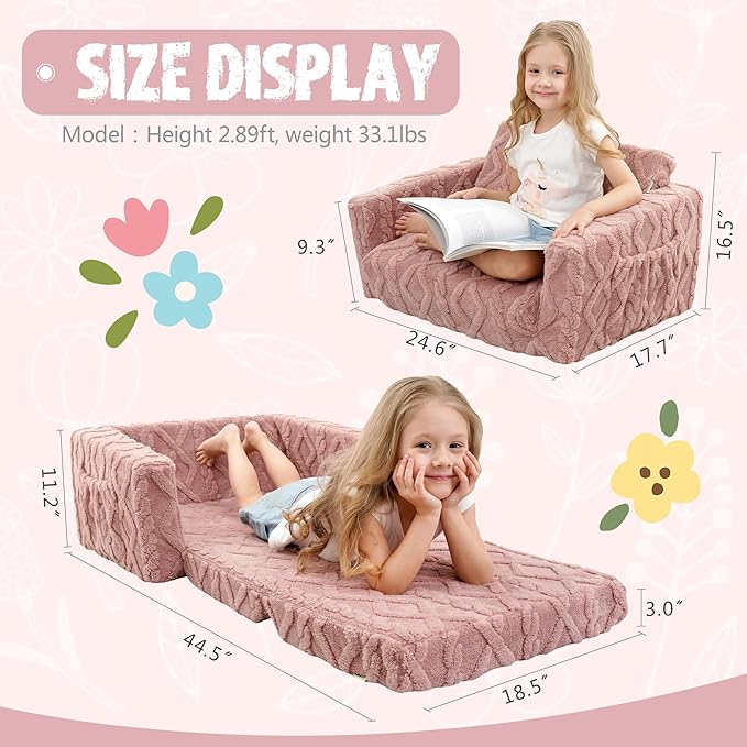 Kids Sofa, Toddler Chair, 2-in-1 Flannel Kids Fold Out Couch, Toddler Convertible Sofa to Lounger, Flip Open Toddler Couch for Kids (Pink)