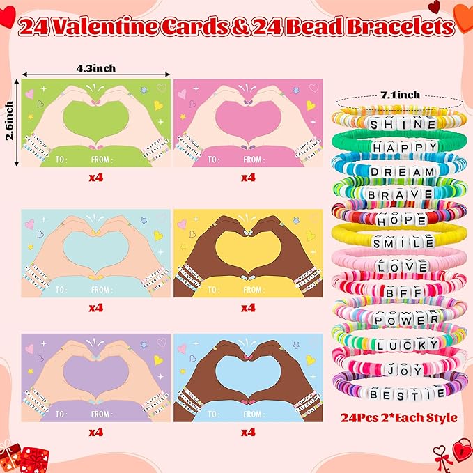 24 Pack Valentine’s Day Friendship Bracelets Card Gifts Set, Friendship Clay Beads Bracelet with Valentines Card Kids School Classroom Prizes Exchange Gift Valentines Party Favors Supplies