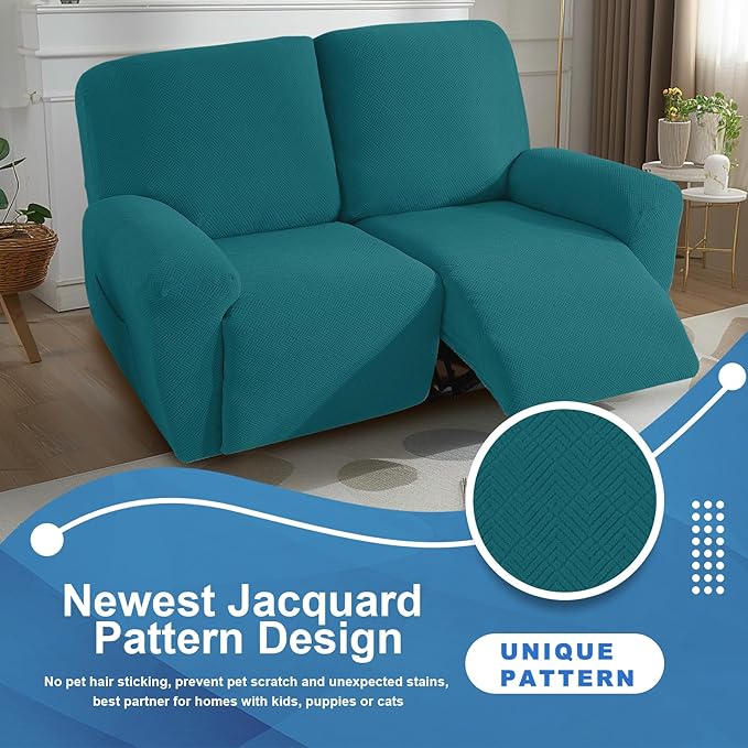 JIVINER 4 Pieces Recliner Loveseat Covers Stretch Recliner Sofa Slipcover with Elastic Bottom Jacquard Fitted Reclining Couch Cover Furniture Protector with Pockets (2 Seater, Teal)