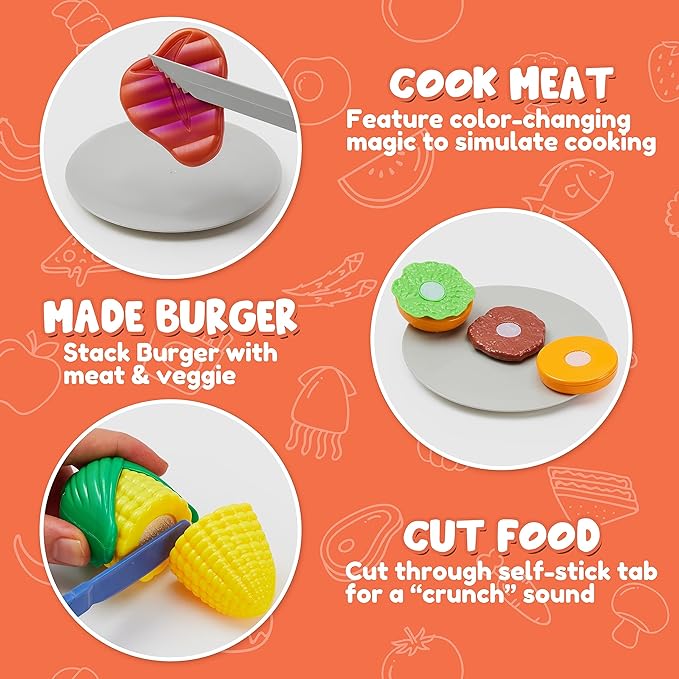 Kids BBQ Grill Playset, Kitchen Toy Set with Pretend Smoke, Light, Sound & Color-Changing Food, Play Kitchen Accessories, Indoor Outdoor Cooking Toy for Boys Girls Kids