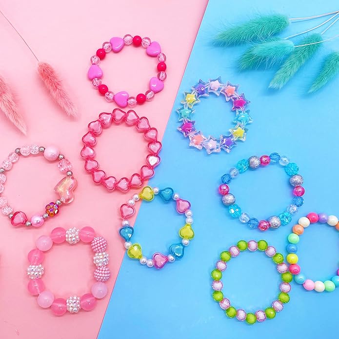9 PCS Cute Kids Bracelets for Girls Pink LOVE Beaded Bracelets Little Girls Costume Jewelry Princess Party Favors Pretend Play Birthday Easter Christmas Valentines Toddler Jewelry
