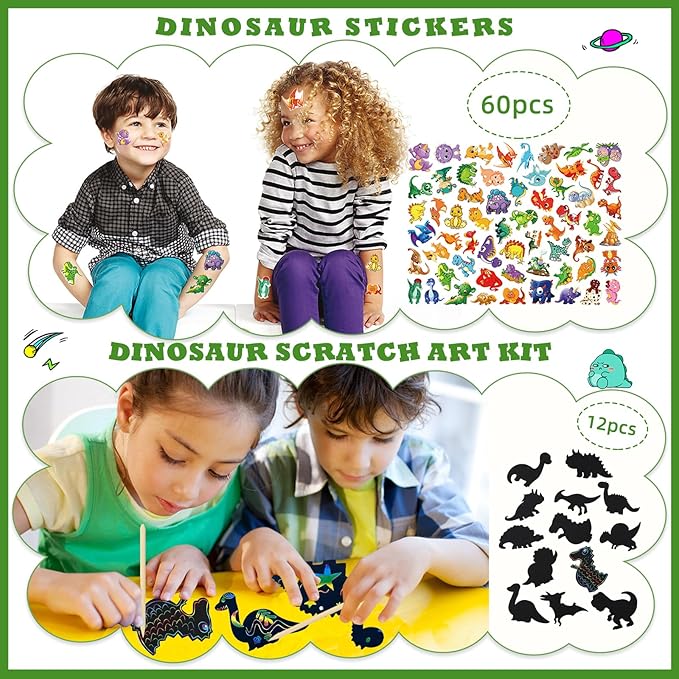 144Pcs Dinosaur Party Favors for 12 Kid, Dino Birthday Party Favors Include Dinosaur Bubble Wands Hatching Eggs Bags Art Kit Silicone Rings Bracelets Stickers for Dinosaur Birthday Party Supplies
