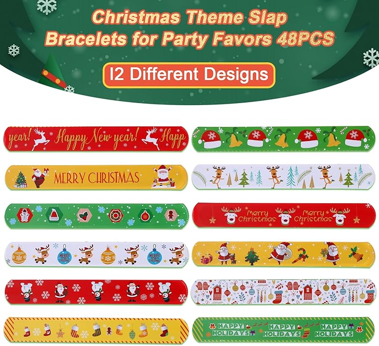 48PCS Christmas Slap Bracelets, Xmas Slap for Christmas Party Favor Decoration