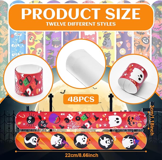 48 Pieces Halloween Slap Bracelets Bulk Party Favors for Kids - 12 Designs Spooky Snap Bands, Trick-or-Treat Goodie Bag Fillers, Classroom Prizes Accessories, Wrist Decorations Gifts Supplies