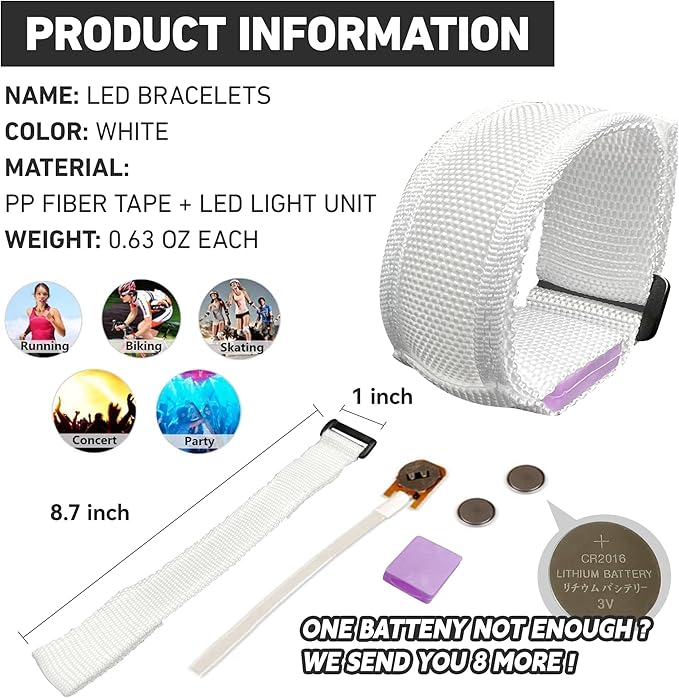 8 PCS LED Glow Bracelets, Light Up Wristbands - Halloween Glow in The Dark Party Bracelets Favors Supplies for Christmas, Concerts, Festivals, Game Prizes, Sports, Rave Accessories（White）