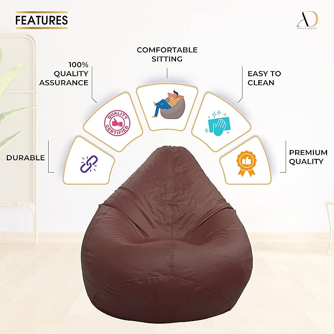 Ample Decor Bean Bag Cover (No Filling), Plush Toys Storage Soft Leatherette, Durable Construction Sturdy Zipper, Ideal for Children and Teenagers - Tan Brown
