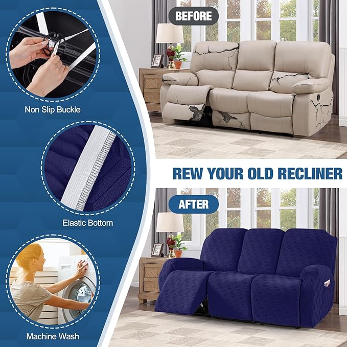 TAOCOCO Recliner Sofa Covers Stretch Reclining Couch Cover, Jacquard Recliner Couch Cover for 3 Seat Furniture Protector Sofa Slipcovers with Elastic Bottom for Kids, Pets (Dark Blue)